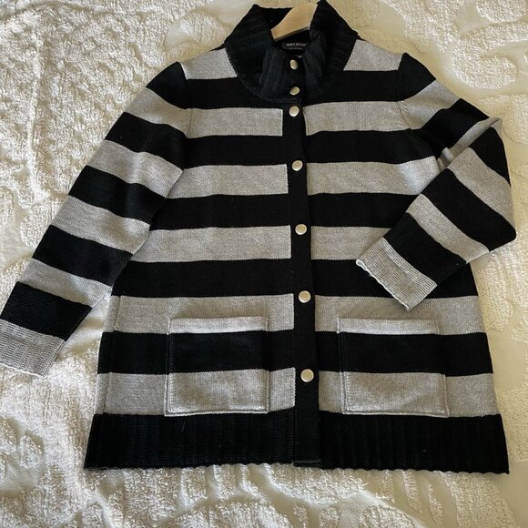 Saint James Wool Black Gray Sailor Stripe Fisherman Cardigan Sweater Size US 12 - Picture 5 of 16
